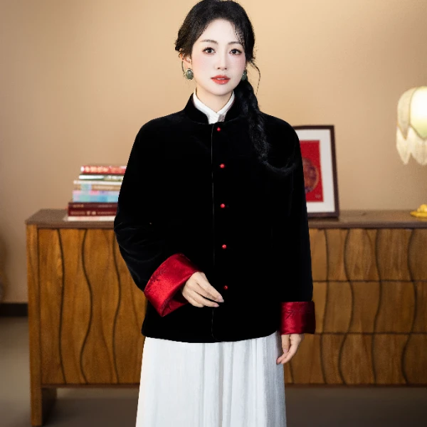 华裳格新中式丝绒拼接冠乐绉立领对襟翻袖宽松双面穿外套HS1389