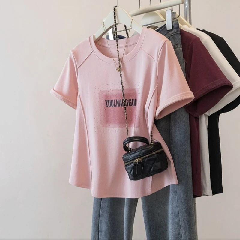 大码女款夏季新款欧货洋气烫钻短袖t恤女宽松显瘦遮肚子正肩上衣