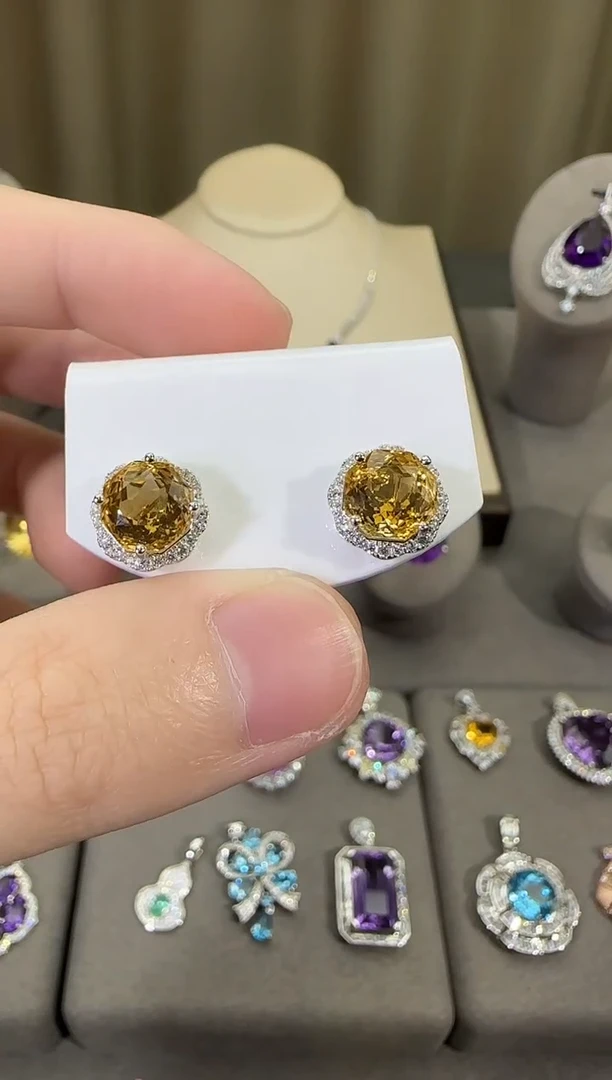 银S925镶嵌耳饰黄晶12mm耳钉玫瑰款