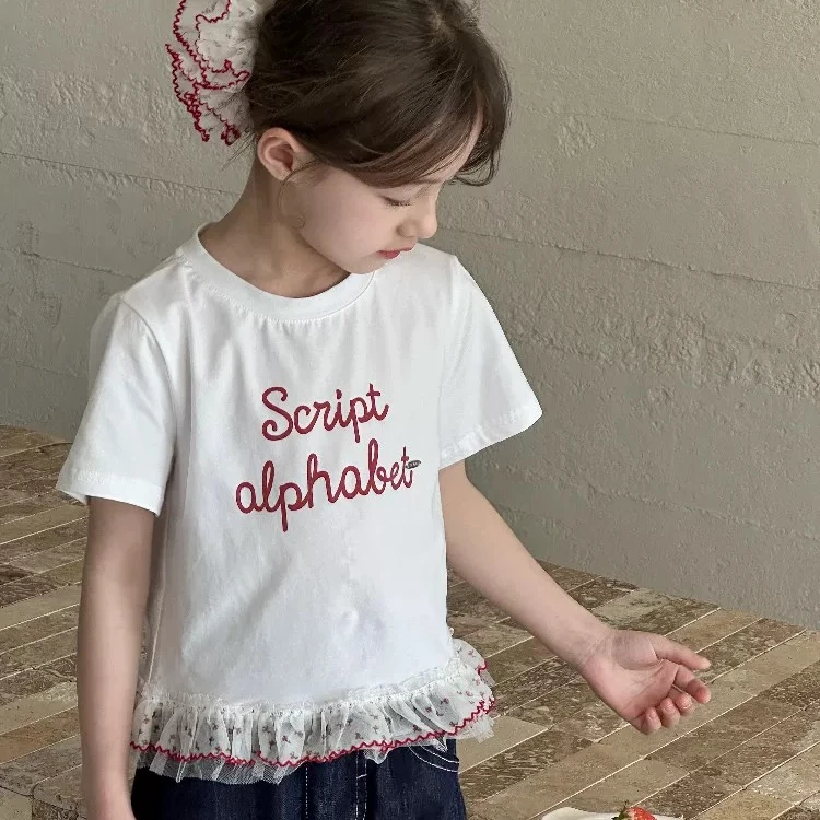 熙爱2025中大女童设计感双层蕾丝边下摆碎花甜美短袖上衣T恤25630