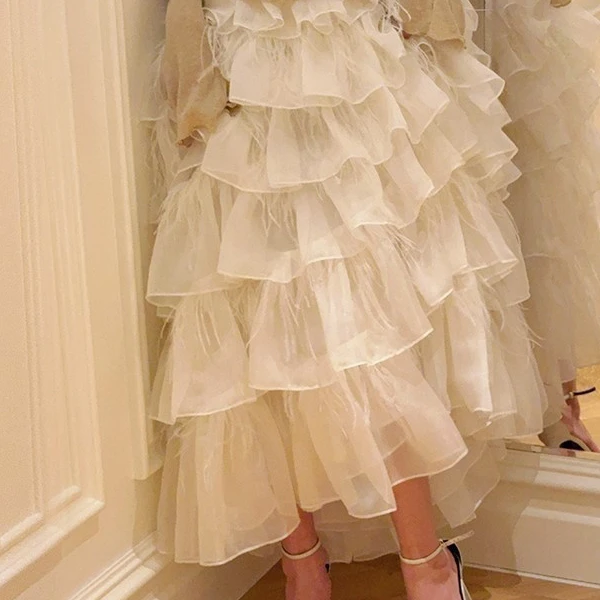 你的呵呵丨变奏延展层纱鸵鸟毛蕾丝曼切斯特礼服裙蛋糕裙
