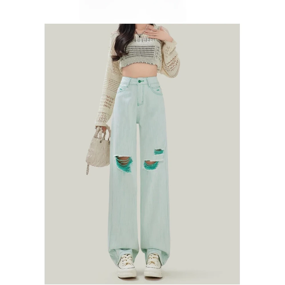 887#破洞窄版阔腿牛仔裤女春款浅绿色高腰梨形宽松直筒裤子