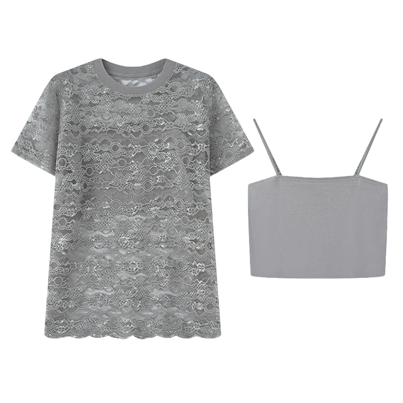 【上衣】【商场同款女装】2025夏季新款宽松蕾丝短袖两件套T恤女5003