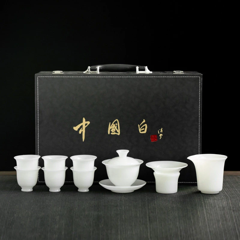 颜瓷 璞玉冰种盖碗茶壶十头家用高档过年送礼中式陶瓷茶具套装