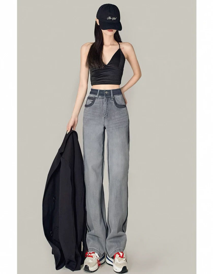 商场同款浅灰色直筒牛仔裤女2025春季百搭长裤蓝色设计感5151