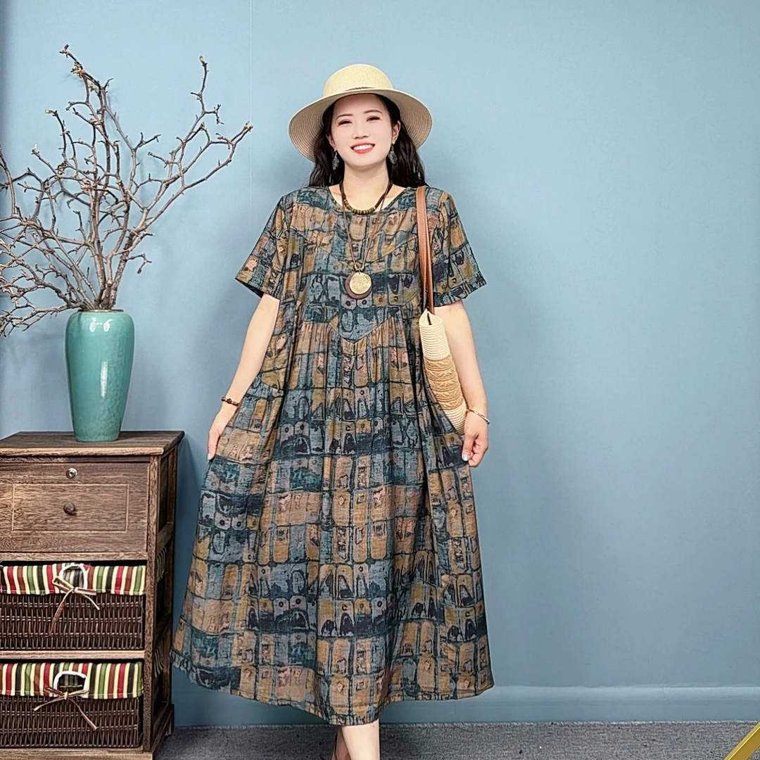 25078夏季新款宽松大版休闲复古显瘦遮肉显白百搭圆领透气连衣裙