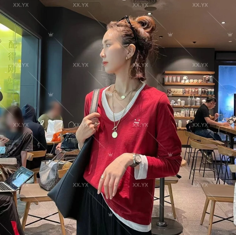 XX.YX早秋新品轻奢显瘦百搭V领真两件T恤衫11180