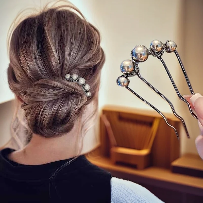 发簪盘发神器高级发钗簪子黑色珍珠四齿中式丸子头发插发梳发头饰
