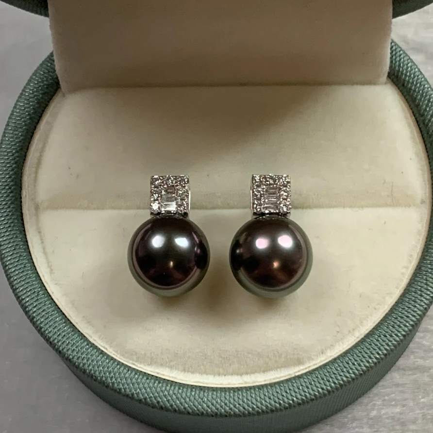 海水珍珠大溪地黑珍珠孔雀绿耳钉18k金镶钻9.9mm正圆极强光百搭