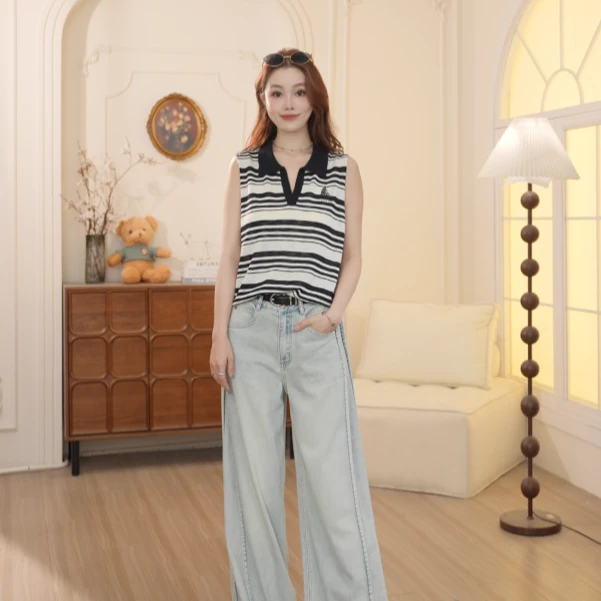 Basic House/百家好2025新款夏季时尚气质显瘦翻领针织衫女NQH04