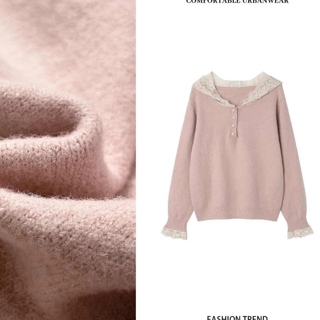 拼接长袖套头毛衣女装冬季宽松百搭加厚针织洋气上衣