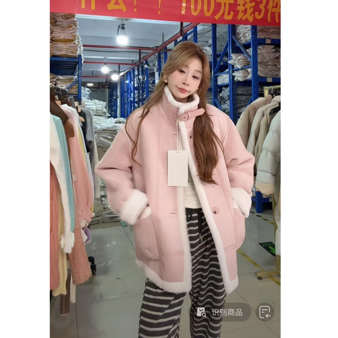 2024冬季新款小个子高级感羊羔毛外套女时尚加绒加厚机车服上衣女