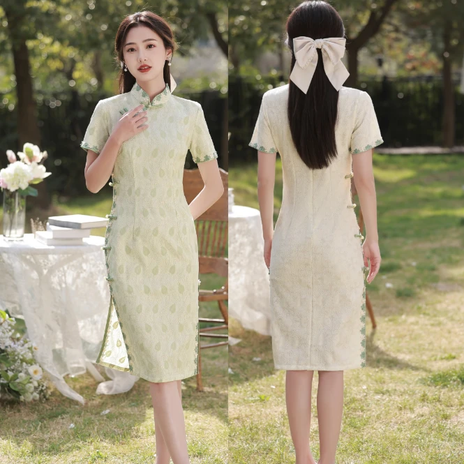 02-步步高升高考复古气质蕾丝花边素雅夏季中长款高端旗袍S-3XL
