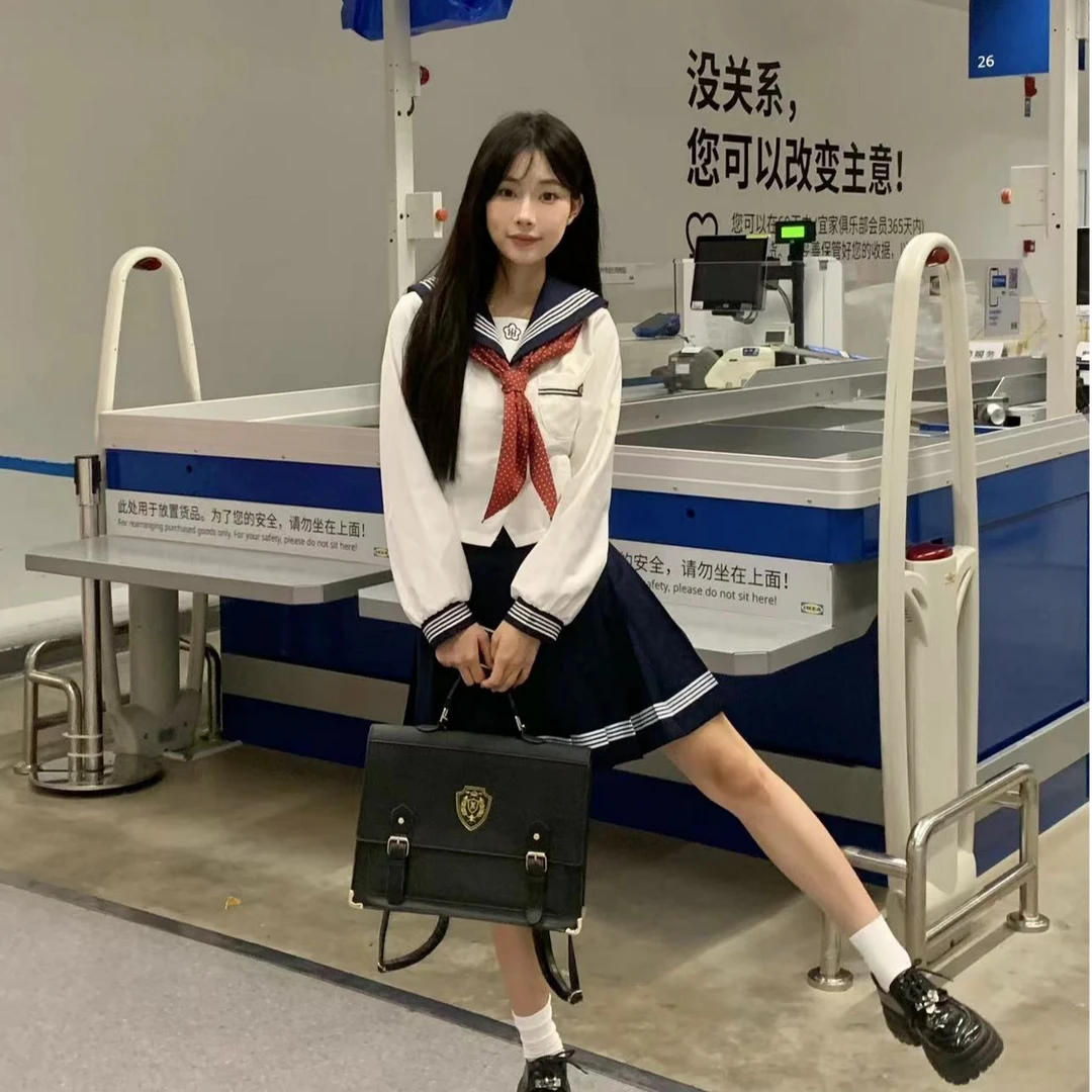 网红同款水玉长袖日系水手领JK制服女套装a字裙显瘦学院风两件套