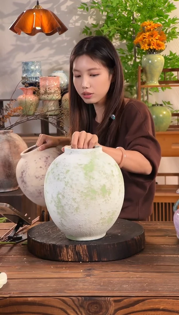 【斑点绿月亮罐】侘寂风斑驳陶罐水培陶瓷花瓶【口10直径24高24.5cm】