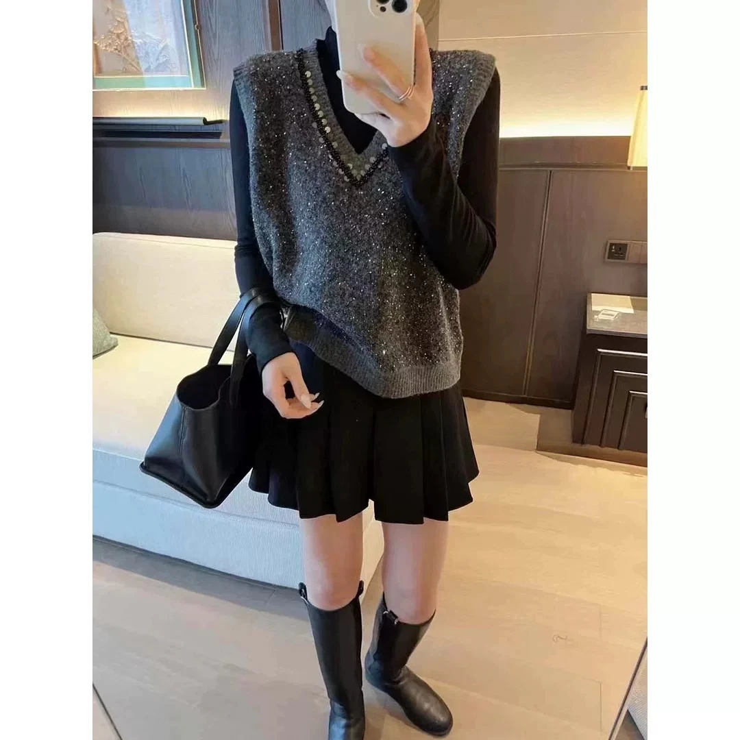 【苗姐优选】冬季新款时尚设计感满天星亮片马夹打底套装3307CCYK