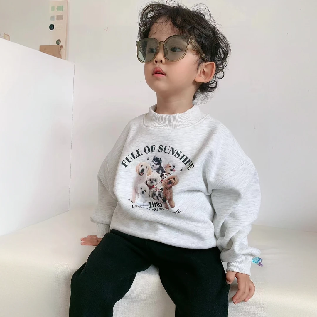 37014【一堆狗狗印花卫衣】秋冬新款儿童加绒保暖长袖上衣男女童