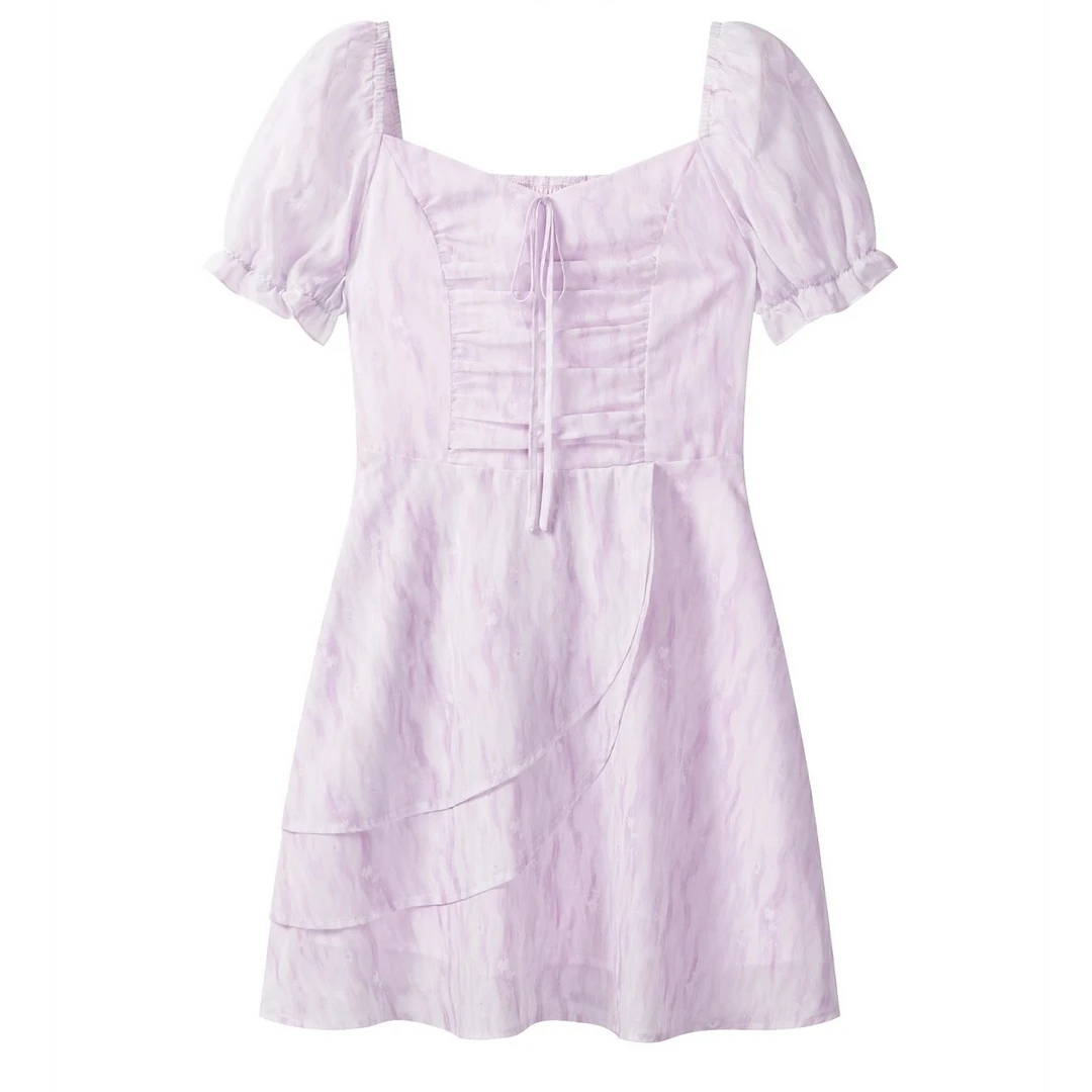 羊城故事-浅紫色V领晕染感绑带连衣裙收腰遮肉短裙Y50550376