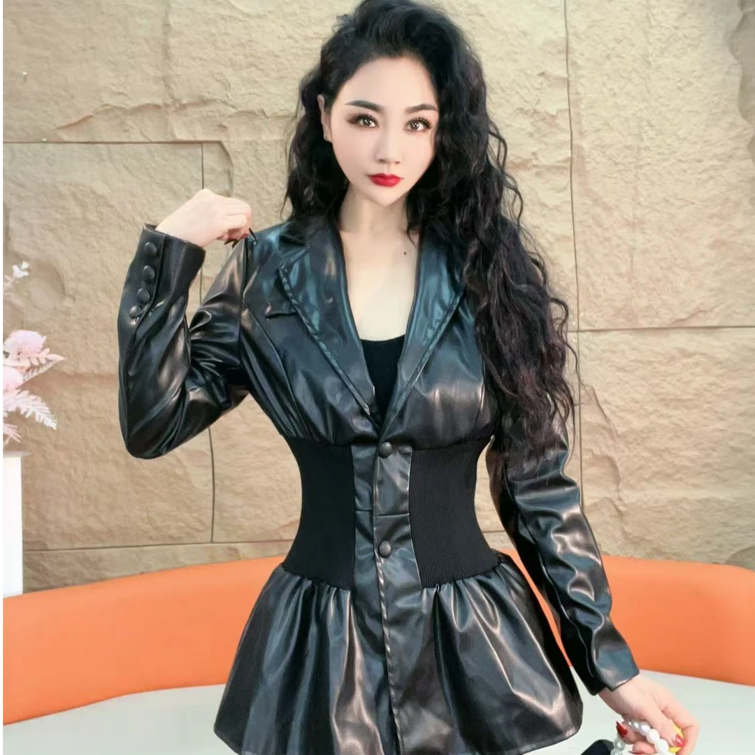 3061【凡家衣橱】春秋新款小众设计感拼接针织宽松收腰PU皮西装外套