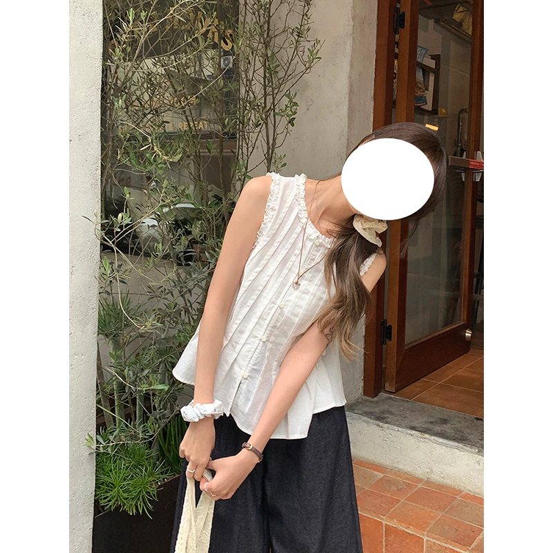2025夏季减龄娃娃衫甜美木耳边宽松无袖衬衫女显瘦A字衬衣百搭