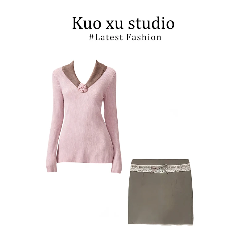 2025女翻领长袖显瘦百搭小众拼色轻奢时尚针织上衣设计感气质短裙