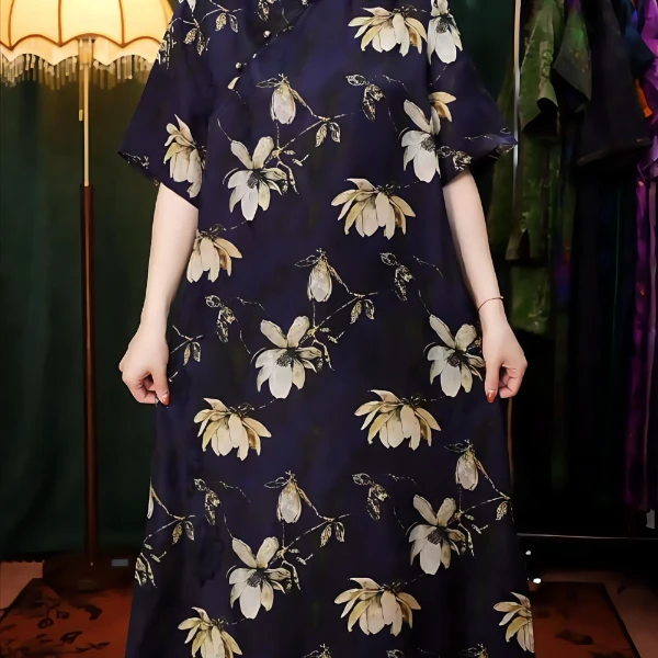 玉兰花开夏季新款长裙改良旗袍大气柜子连衣裙高端定制款