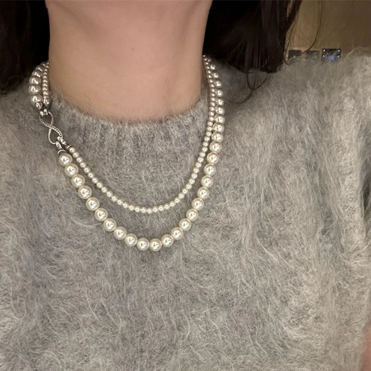 铜合金仿珍珠项链 【专属】正圆双层叠搭4+8mm时尚百搭8字扣项链