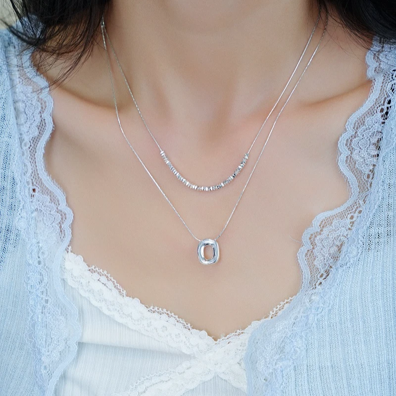 钛钢项链 小众高级碎银子色百搭双层镜框项链女叠戴毛衣链项链