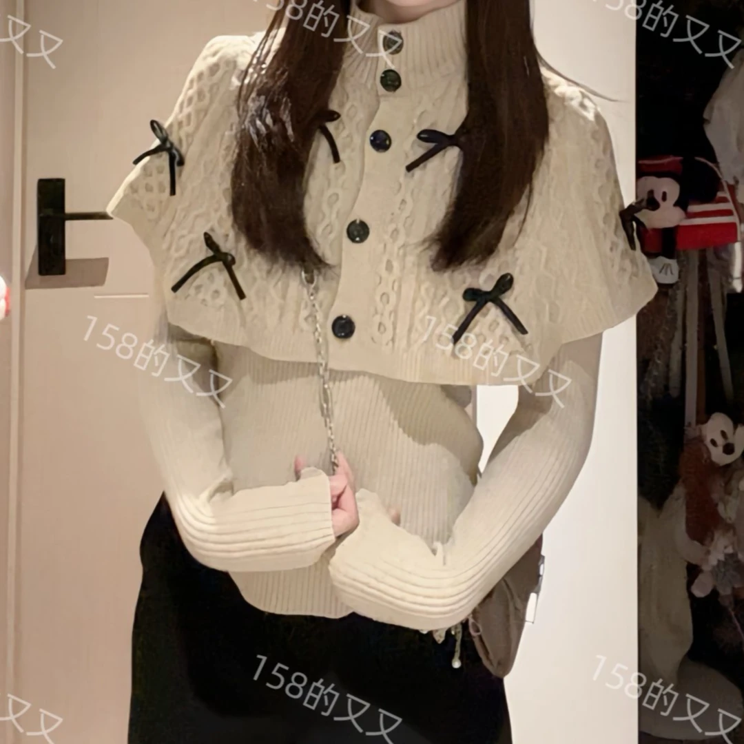 冬季温柔风时尚两件套加厚披肩毛衣打底针织衫套头披肩针织衫