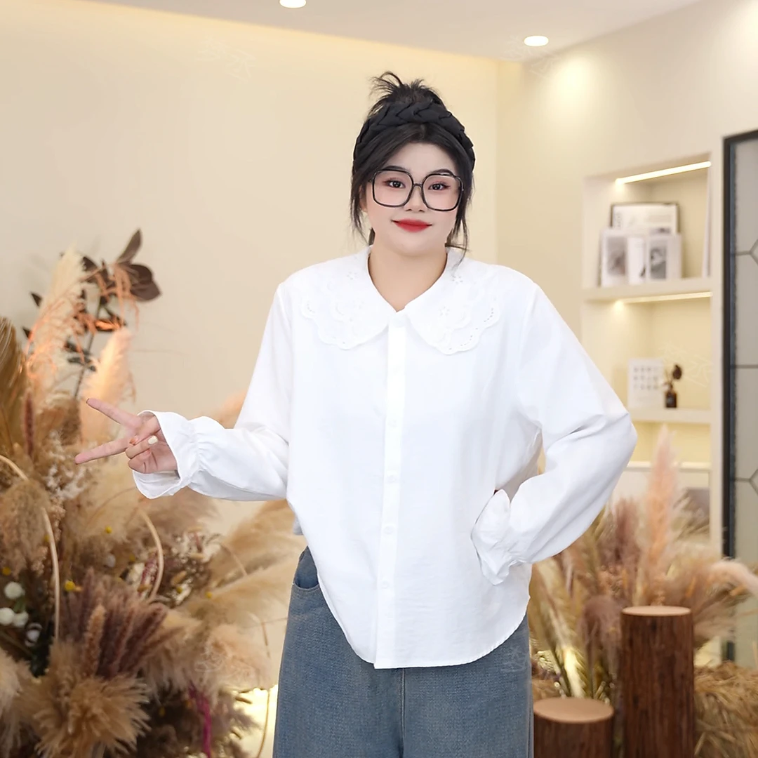 梦丞【少女函书】大码女装娃娃领上衣减龄显瘦百搭纯色系长袖衬衫