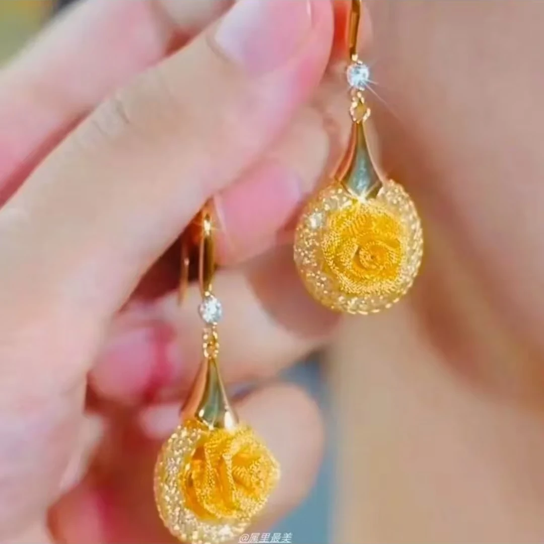 铜合金合成锆石耳饰 经典百搭优雅圆满玫瑰耳钩a7