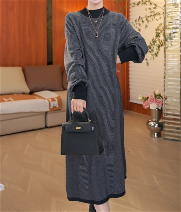 爆姐严选 【简约条纹 】春款上新宽松保暖气质洋气毛衣连衣裙-6358#