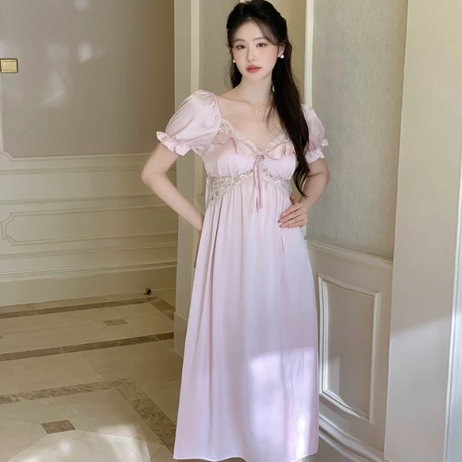【风荷睡裙】薄款短袖镂空睡裙宽松家居服纯欲-R2327226-A