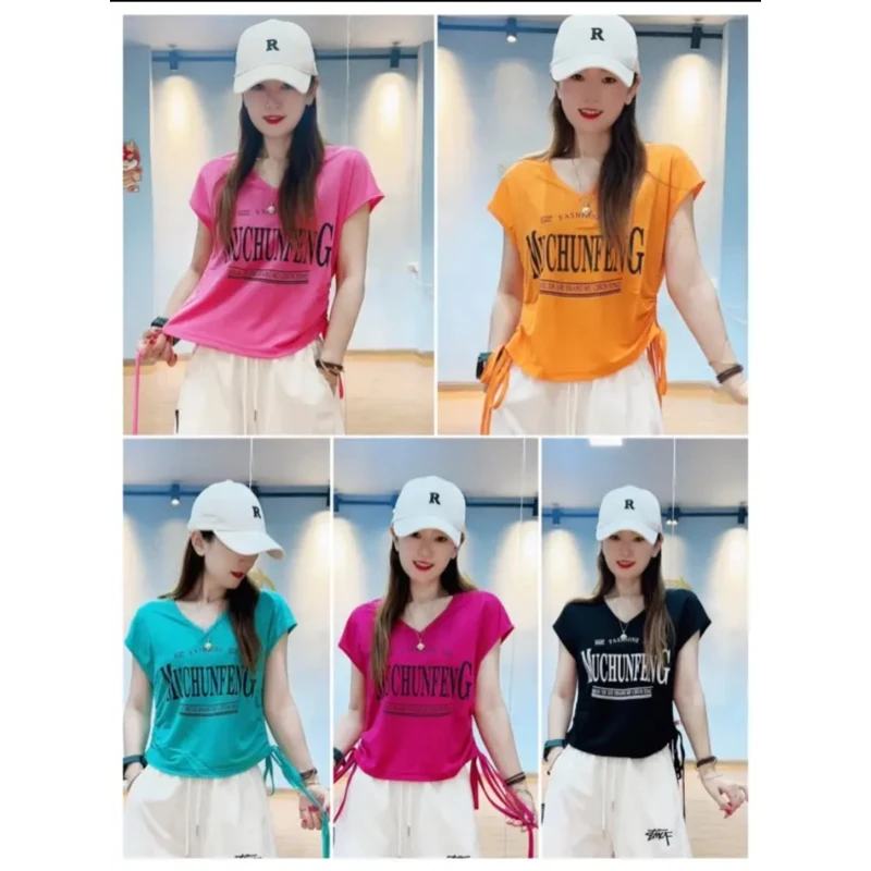 广场舞时尚夏季新品冰棉抽绳V领宽松T恤简约字母运动跳舞短袖CXD