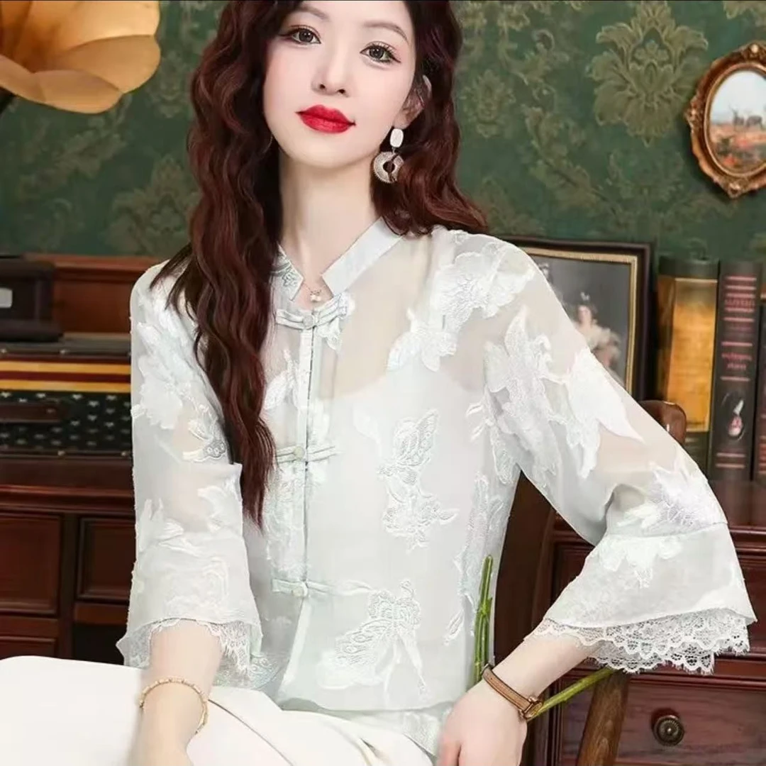 【蝶恋花】2025薄款新中式七分袖打底衬衫百搭绣花上衣衬衣防晒长袖