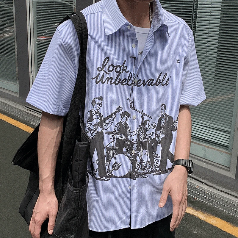 Lookun 乐队 蓝白条纹印花衬衫短袖情侣夏季男士百搭宽松休闲街头