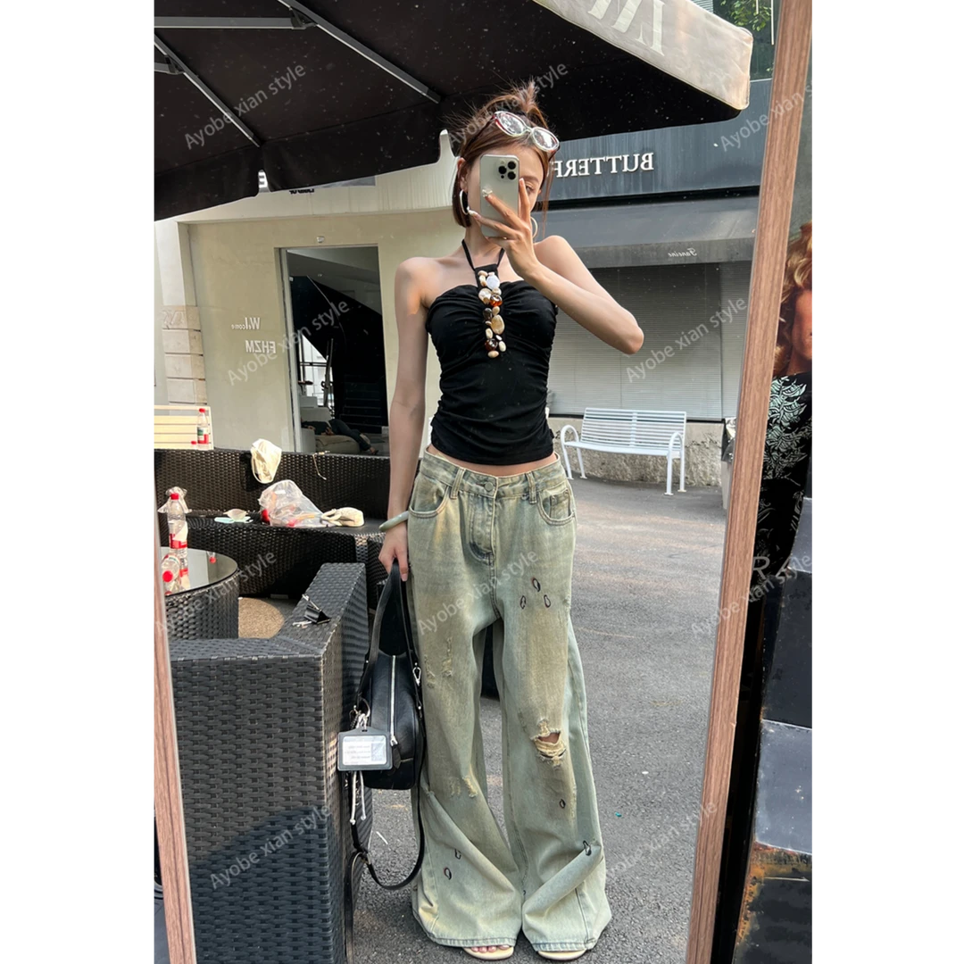 AYOBE小贤/冰茶风暴 美式高街复古破洞水洗做旧牛仔宽松阔腿长裤