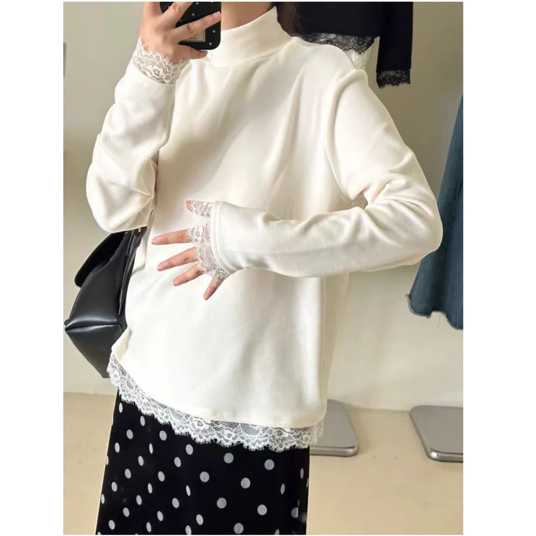 （柚子同款）ZJ冬款半高领蕾丝双面德绒长袖T恤5283