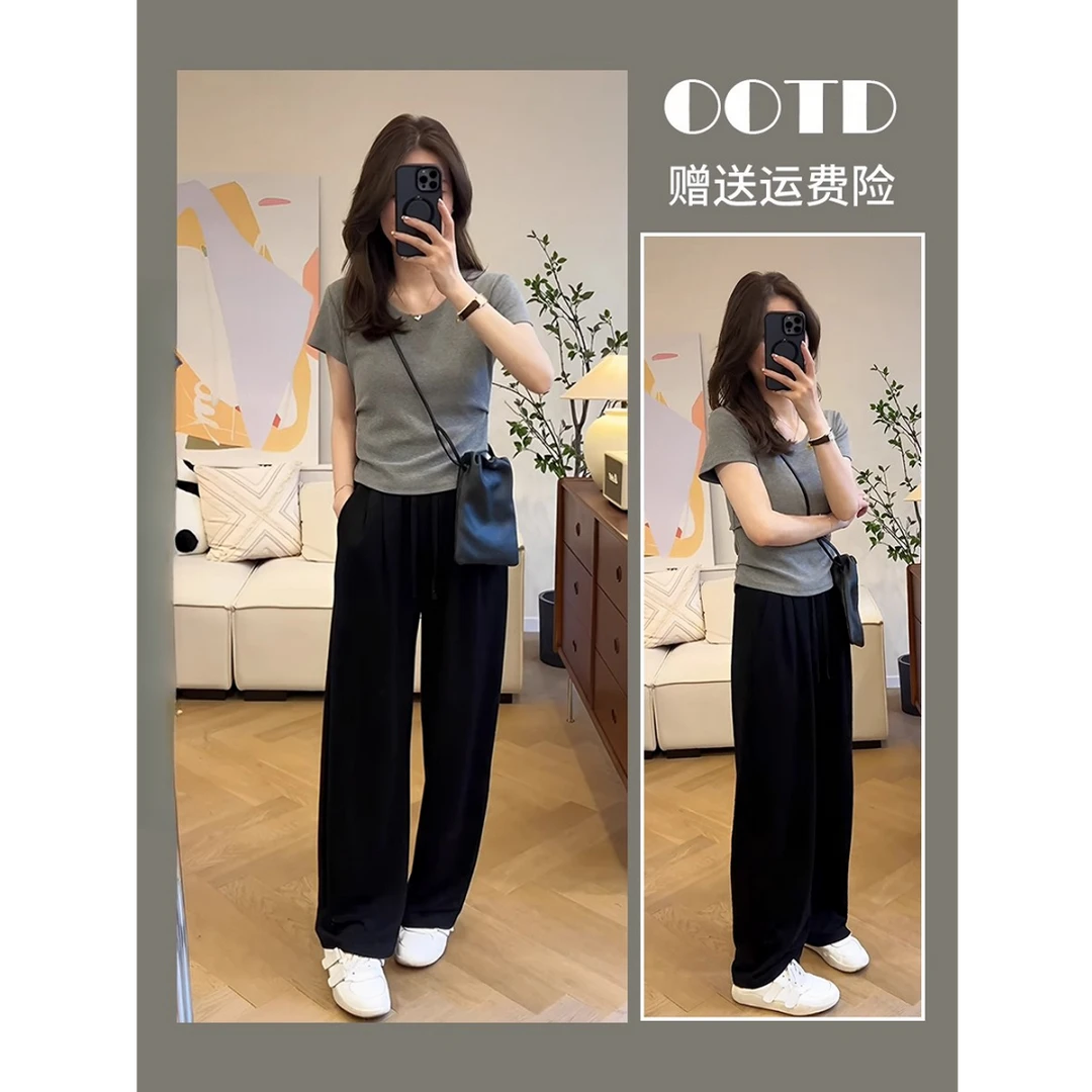 2025年夏季新款女装简约设计感短袖T恤高腰直筒垂感休闲裤两件套