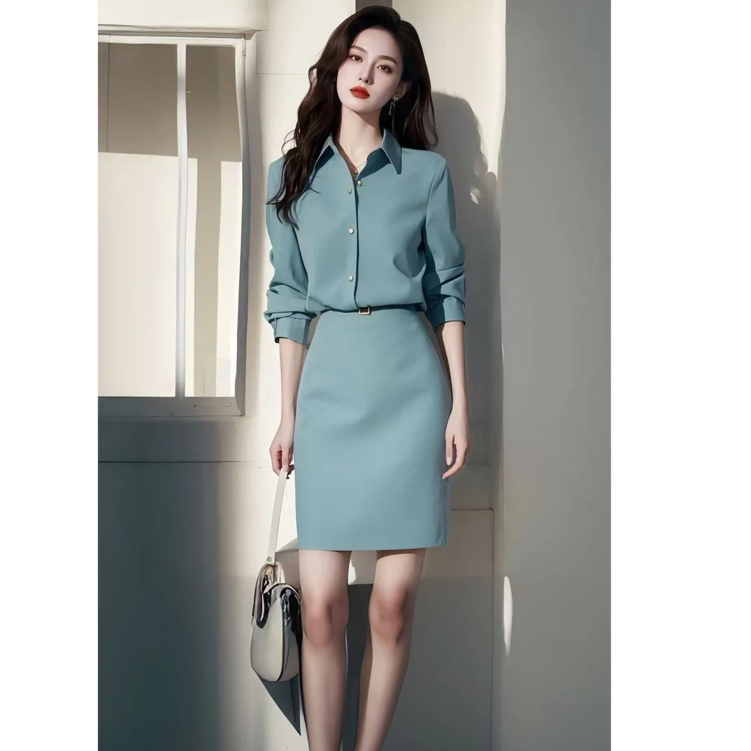 2025超火春季新款法式气质显瘦小香风蓝色衬衫半身裙修身套装女