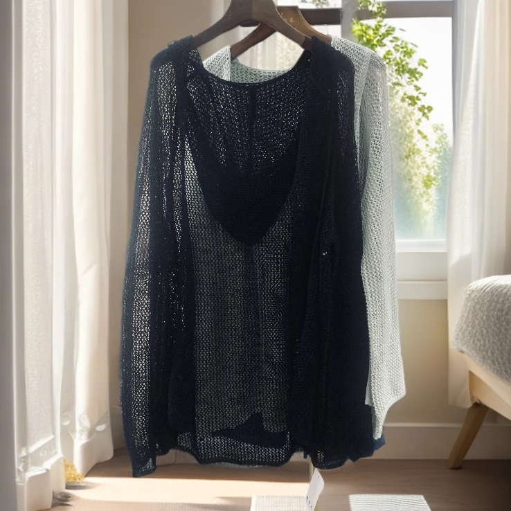 0818 祺欣家 法式镂空中长款宽松大码防晒简约风针织开衫外披