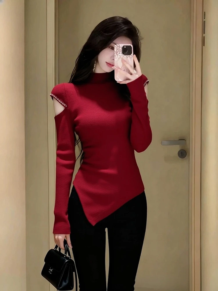 2025冬季洋气设计感打底衫法式半高领修身针织衫不规则红色毛衣女