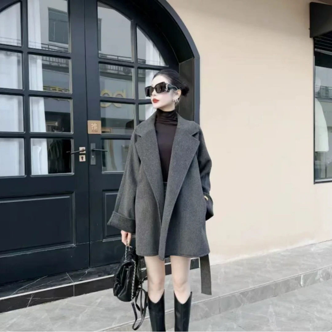 【送围巾】新款双面绒大衣女小个子短款韩版西装领毛呢外套显瘦系带