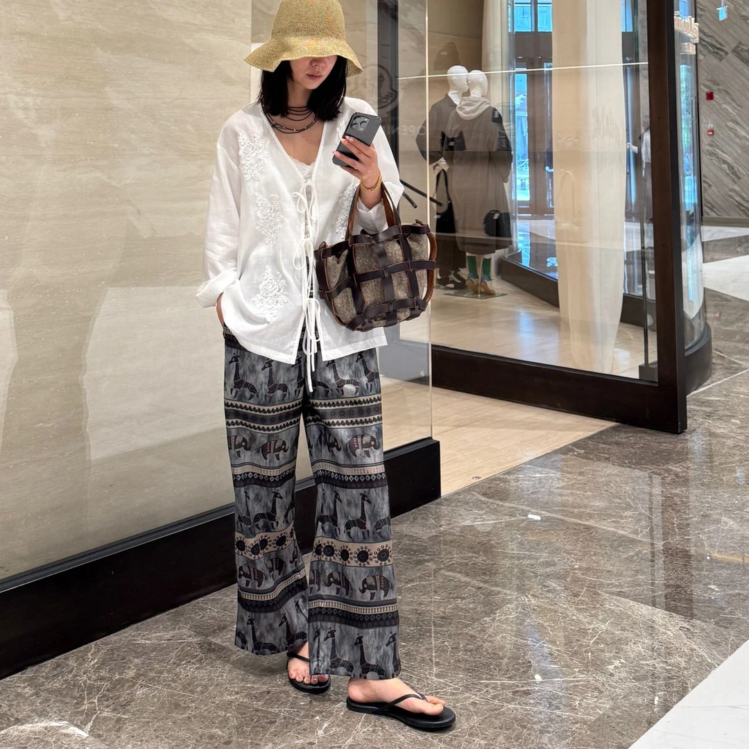 【雪精灵】天丝亚麻手缝刺绣衬衫气质V领系带衬衣开衫女显瘦防晒衫