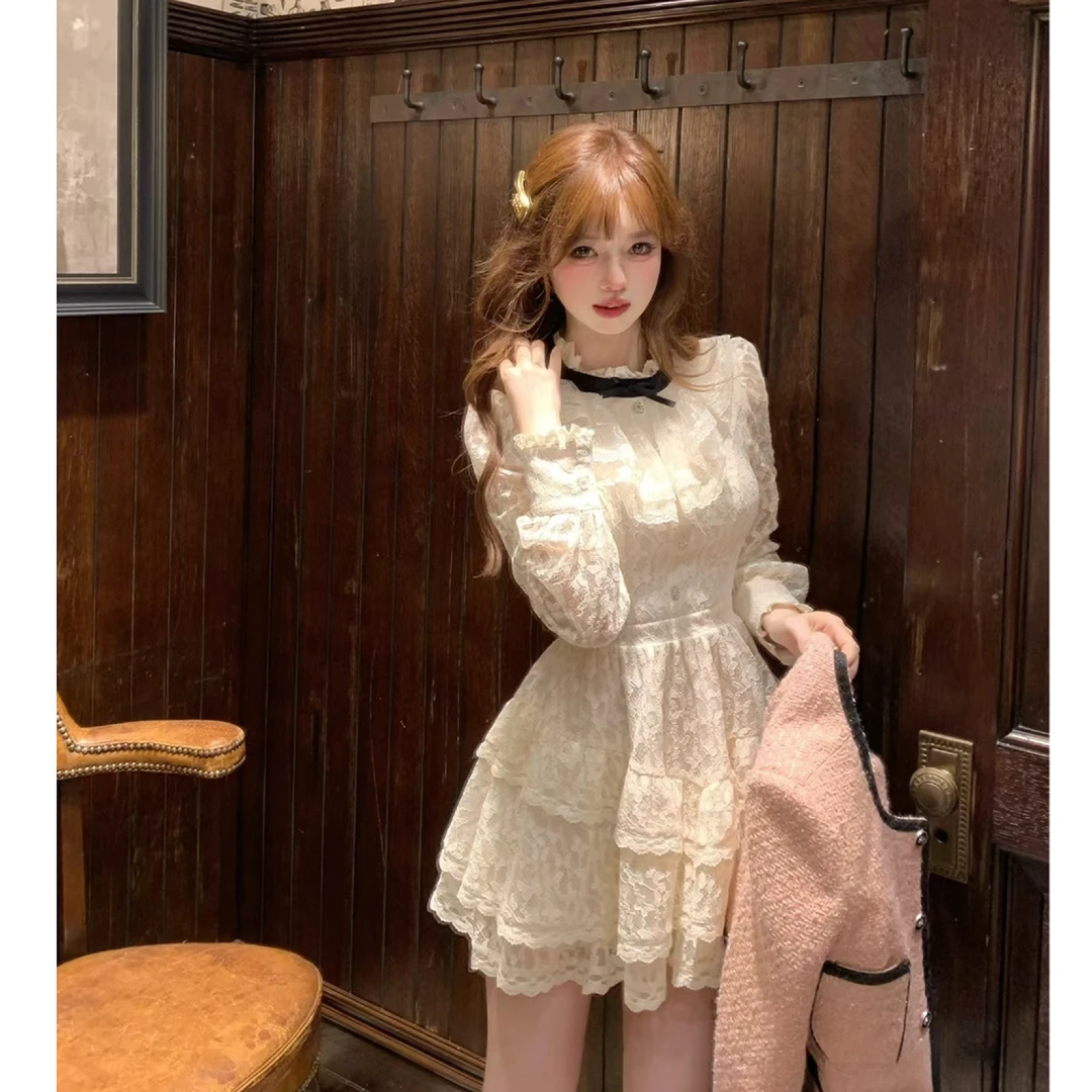 大码法式富家千金蕾丝长袖连衣裙女春秋冬气质级感内搭裙子10727