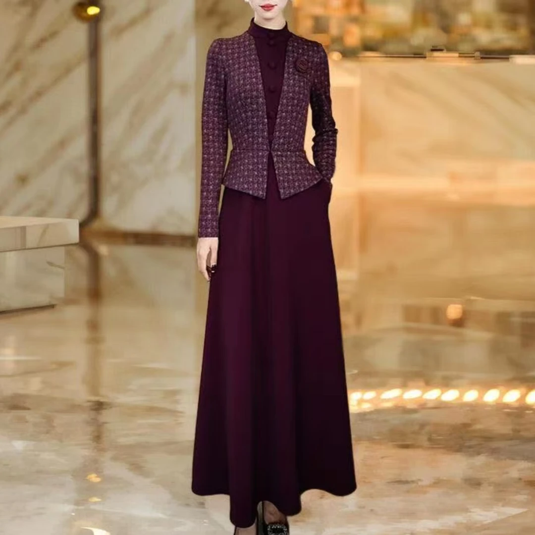 假两件连衣裙女2025秋季修身显瘦气质裙子长袖拼接优雅长裙6103#