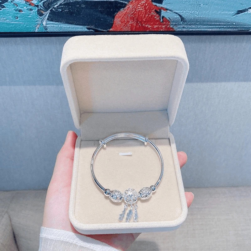 足银手镯 捕梦网ins纯银手镯9999足银轻奢洋气镯子女可调节送礼物