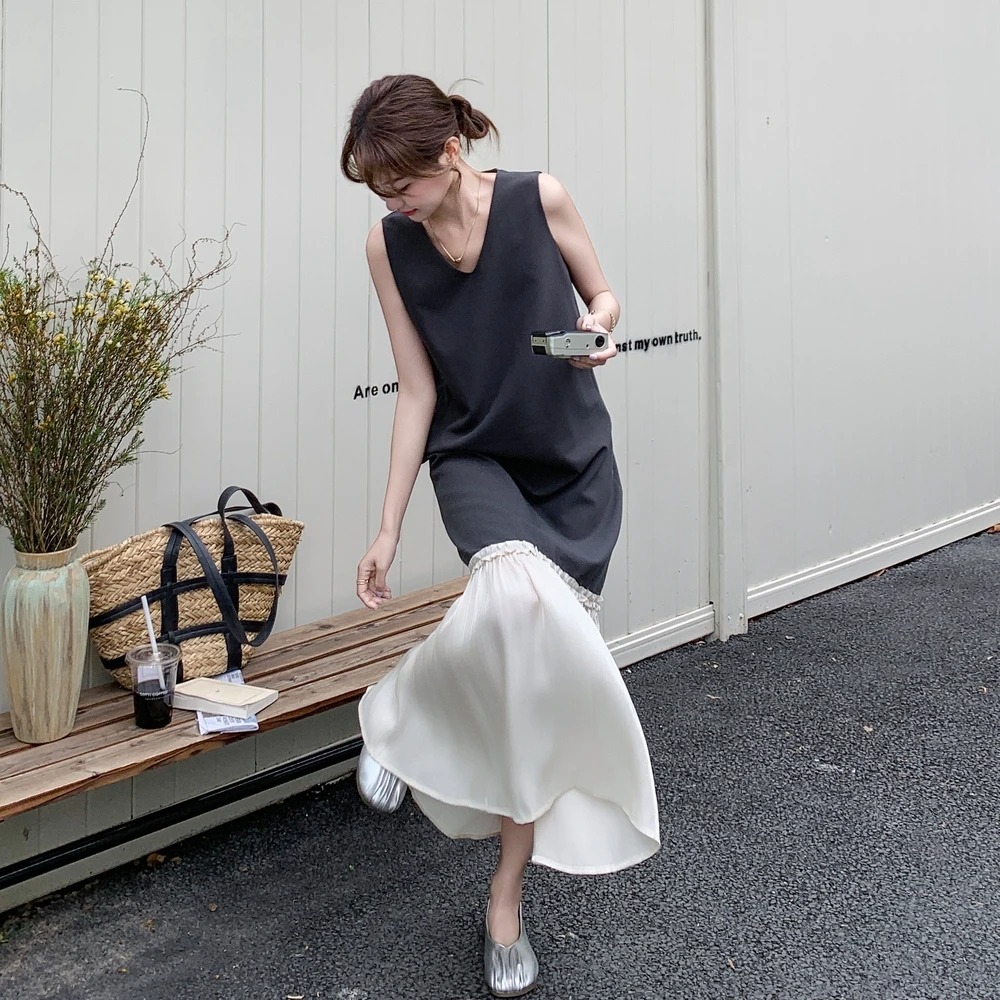 无袖拼接套头拼色长裙夏季连衣裙吊带裙法式气质宽松显瘦中长裙