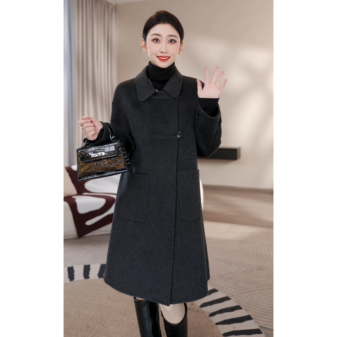 【曼贝】经典轻奢纯羊毛大衣女中长款时尚毛呢外套8484519【甜甜】