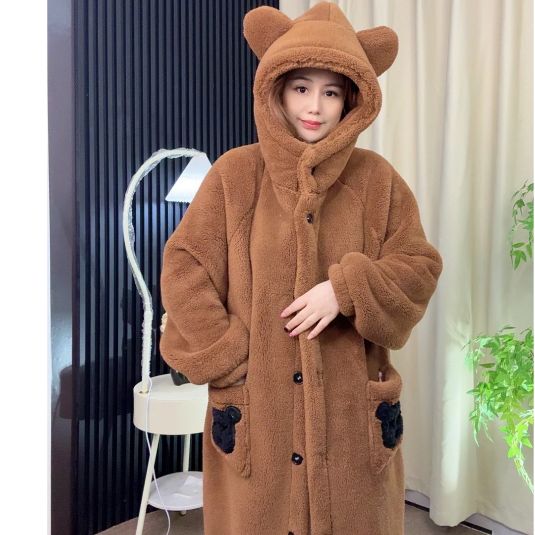 晨晨小熊爆款双层加厚睡袍家居服连帽宽松中长款加绒保暖甜美卡通